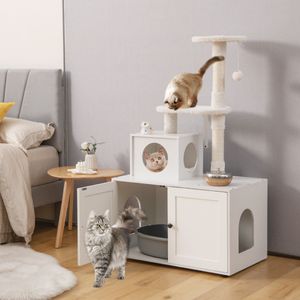Kattenbak met Kattenboom Houten Kattenhuis met Sisal Krabpaal Rinkelbal Verborgen Kattenkastmeubel met Tussenschot
