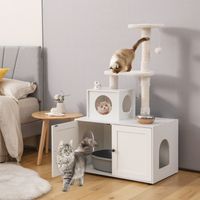 Kattenbak met Kattenboom Houten Kattenhuis met Sisal Krabpaal Rinkelbal Verborgen Kattenkastmeubel met Tussenschot