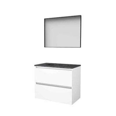 Basic-Line Framed 46 Badkamermeubelset - 80 x 46 cm - Greeploos - 2 Lades - Hardstenen Wastafel - Zonder Kraangat - Spiegel met Zwart Aluminium Frame - Ice White