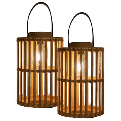 Solar lantaarn - 2x - voor buiten - D20 x H32 cm - bamboe hout - tafellamp