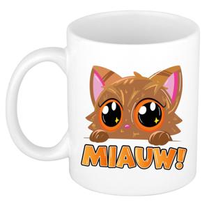 Cadeau koffie/thee mok - poes/kat - Miauw - oranje - 300 ml - keramiek - katten mok