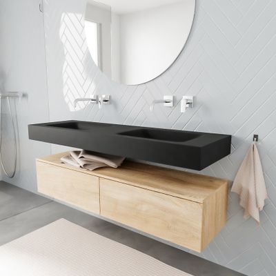Mondiaz Alan badmeubel 150 cm washed oak 2 lades vrijhangend wastafel dubbel zonder kraangat zwart