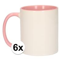 Koffiemok / thee beker - 6x - 300 ml - Wit/roze - Cadeau mokken - keramiek