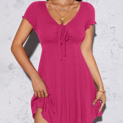 Petite Blue V-Neck Lettuce Trim Drawstring Knot Front Mini Dress Hot Pink / Petite M