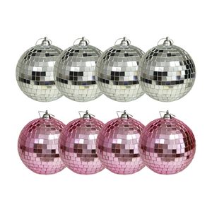 Kerstballen disco - 8x st - roze en zilver - 8 cm - kunststof - spiegel kerstballen