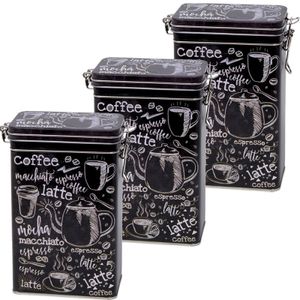 3x Zwarte koffieblikken/bewaarblikken met cafe print 19 cm