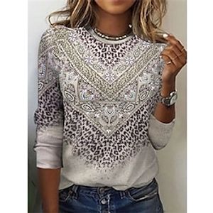 Dames T-shirt Paisley Afdrukken Dagelijks Weekend Modieus Lange mouw Ronde hals Grijs Lente Herfst Lightinthebox