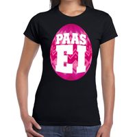 Paasei t-shirt zwart met roze ei voor dames - thumbnail