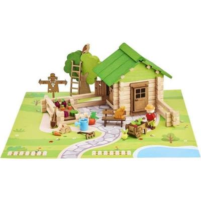 Huis en tuin 135 stukjes - JEUJURA - Natuurlijk houten constructiespel, inclusief mat en accessoires, 32x27x11 cm