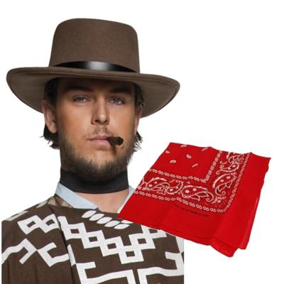 Cowboy verkleed set - Cowboyhoed bruin - met rode western zakdoek - volwassenen - heren