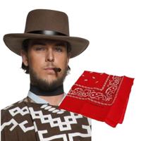 Cowboy verkleed set - Cowboyhoed bruin - met rode western zakdoek - volwassenen - heren