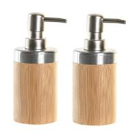 Items Zeeppompje/dispenser - 2x stuks - bruin/zilver - bamboe hout - 7 x 17 cm - keuken/badkamer/toi