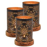 Windlicht/kaarsenhouder Marrakesh - Set van 3x stuks - metaal/hout - zwart/goud - 10 x 18 cm