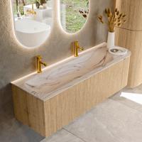Badmeubel Mondiaz Kurve-Dlux | 145 cm | Meubelkleur Oak | Wastafelkleur Nata | Solid surface | Wasbak linker zijde spoelbak | 2 kraangaten Badmeubel Mondiaz Kurve-Dlux | 145 cm | Meubelkleur Oak | Wastafelkleur Nata | Solid surface | Wasbak linker zijde spoelbak | 2 kraangaten