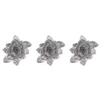 Kerstboomversiering Bloemen - 6x - 10 cm - zilver glitter - op clip - ornament - roos