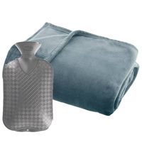 Fleece deken/plaid Blauwgrijs 125 x 150 cm en een warmwater kruik 2 liter - Plaids - thumbnail