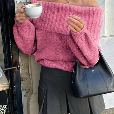 Bon&Bon Women's Off-Shoulder Loose Casual Sweater - Dark Grey Knit Pink / XL