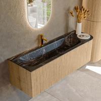 Badmeubel Mondiaz Kurve-Dlux | 145 cm | Meubelkleur Oak | Wastafelkleur Lava | Solid surface | Links spoelbak | 1 kraangat