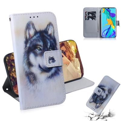 Witte Wolf patroon gekleurde tekening horizontale Flip lederen case voor Huawei P30 Pro met houder & card slots & portemonnee