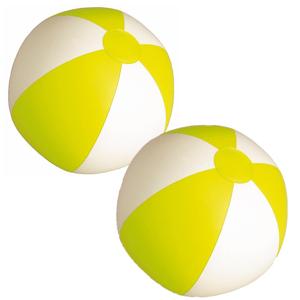Opblaasbare strandbal - 2x stuks - geel/wit - D28 cm - plastic - zwembad speelgoed opblaas bal