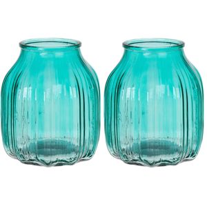 Bellatio Design Bloemenvaas klein - 2x - turquoise blauw glas - D14 x H16 cm - Vazen
