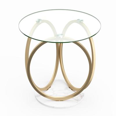 Ronde glazen tafel, moderne salontafel met geometrisch goudkleurig metalen ringframe, opvallende ronde salontafel, 60 x 60 x 61,5 cm