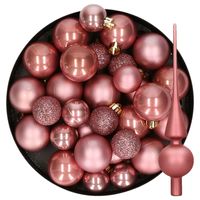 Kerstversiering kunststof kerstballen met piek oud roze 6-8-10 cm pakket van 49x stuks - thumbnail