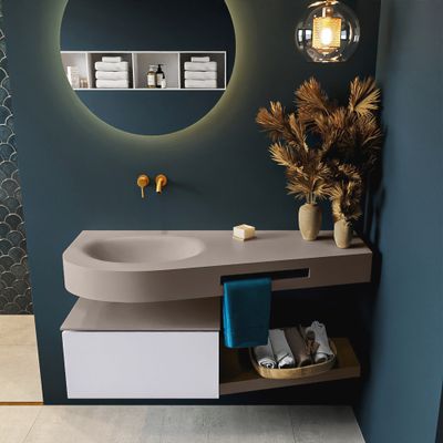 MONDIAZ RIVA 120cm badmeubel onderkast / planchet kleur Cale met 1 lade. Wastafel DULCET links 0 kraangaten kleur Smoke.