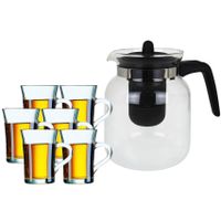 Glazen theepot met filter/infuser van 1,5 liter met 6x stuks theeglazen van 230 ml - thumbnail