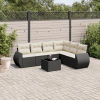 7-delige Loungeset met kussens poly rattan zwart