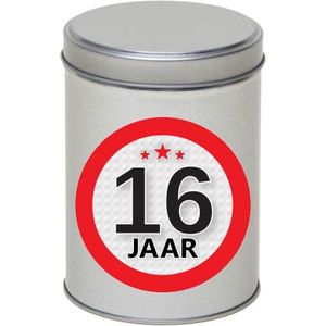 Zilver bewaarblik/opbergblik 13 cm met 16 jaar sticker   -