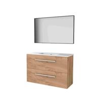 Basic-Line Framed 39 Badkamermeubelset - Ondiep - 100 x 39 cm - Met Grepen - 2 Lades - Keramische Wastafel - 1 Kraangat - Spiegel met Zwart Aluminium Frame - Whisky Oak