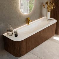 Badmeubel Mondiaz Kurve-Dlux | 150 cm | Meubelkleur Walnut | Wastafelkleur Ostra | Solid surface | Midden spoelbak | 1 kraangat