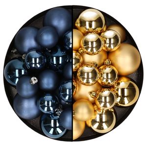 Kerstversiering kunststof kerstballen mix donkerblauw/goud 4-6-8 cm pakket van 68x stuks