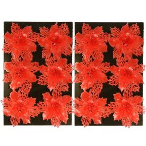 Kerstboom bloemen op clip - 12x stuks - rood - kunststof - kerstornamenten