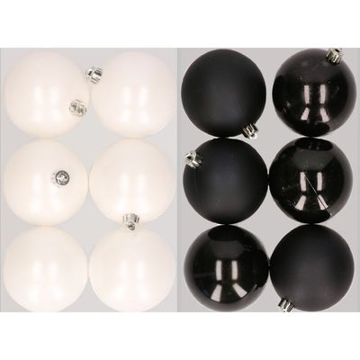 12x stuks kunststof kerstballen mix van winter wit en zwart 8 cm
