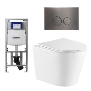 QeramiQ Dely Toiletset - 36.3x51.7cm - diepspoel - rimless - Geberit UP320 Burda inbouwreservoir - softclose toiletzitting - gunmetal bedieningsplaat - ronde knoppen - mat wit SW543432/0701131/SW706198