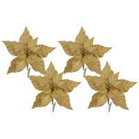 Kerstboom bloemen op clip - 4x stuks - goud - 18 cm - polyester fluweel - kerstster - thumbnail