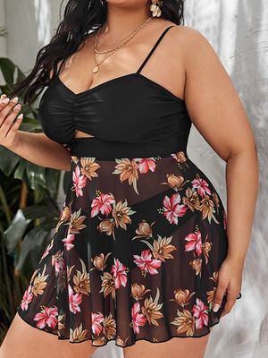 Sexy Mesh Floral Skirt Cover Belly Slim Split Tankini Plus Size Sexy Mesh Floral Skirt Cover Belly Slim Split Tankini Plus Size