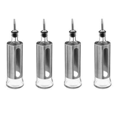 5Five Azijn/Olie flessen voor op tafel - 4x - glas/metaal - transparant/zilver - olijfolie en tafela