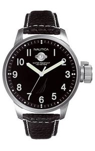 Nautica horlogeband A09595 Leder Zwart 22mm + wit stiksel