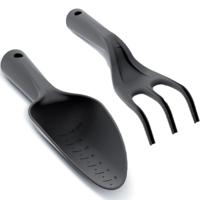 Prosperplast Harken setje - Zwarte kunststof hand hark - en diepe tuinschep - 26 en 29 cm