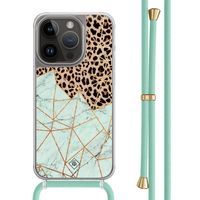 iPhone 14 Pro hoesje met mint koord - Luipaard marmer mint
