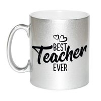 Best teacher ever mok / beker zilver met hartjes - cadeau juf / meester / leraar / lerares   - - thumbnail