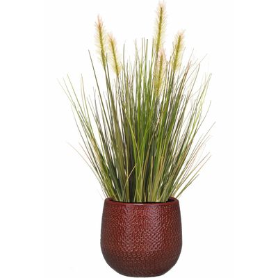 Kunstplant groen rietgras sprieten 45 cm in luxe Gabriel ribbel bloempot rood