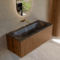 Badmeubel Mondiaz Kurve-Dlux | 110 cm | Meubelkleur Walnut | Wastafelkleur Lava | Solid surface | Midden spoelbak | Zonder kraangat(en)
