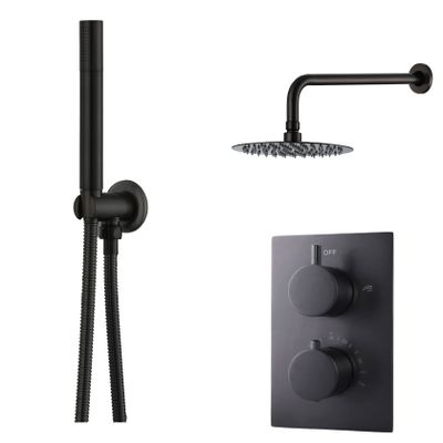 Regendouche set SaniClear Nero | Inbouw | Thermostaatkraan | 2-weg | Rond | Mat zwart