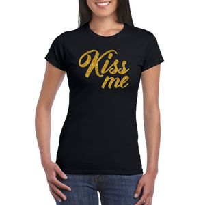 Kiss me goud tekst t-shirt zwart dames kus me - Glitter en Glamour goud party kleding shirt