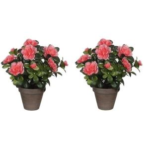 Mica Decorations Kunstplant - 2x - Azalea - groen/perzik kleurig - 27 cm - Met mooie bloemen