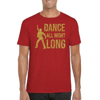 Verkleed Disco T-shirt voor heren - dance all night long - gouden glitter print - rood - 70 / 80